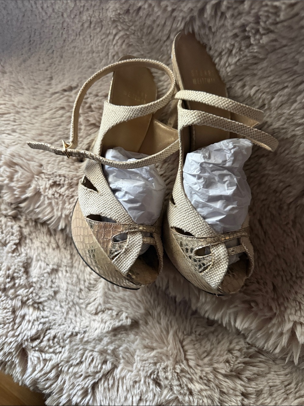 Stuart Weitzman Beige Woven Peep-Toe Platform Sandals